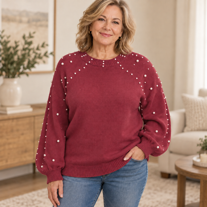 Pearla – Faux Pearl Sleeve Crew-Neck Sweater