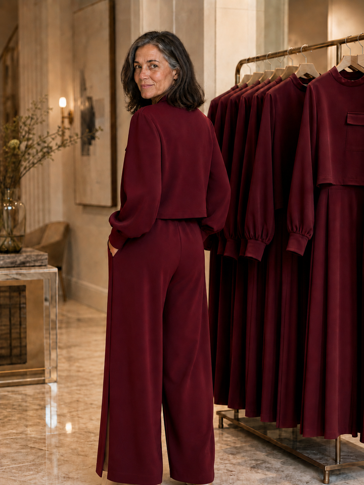 Wearbella – Bishop Sleeve Mock Neck Top And Wide-Leg Pants Set