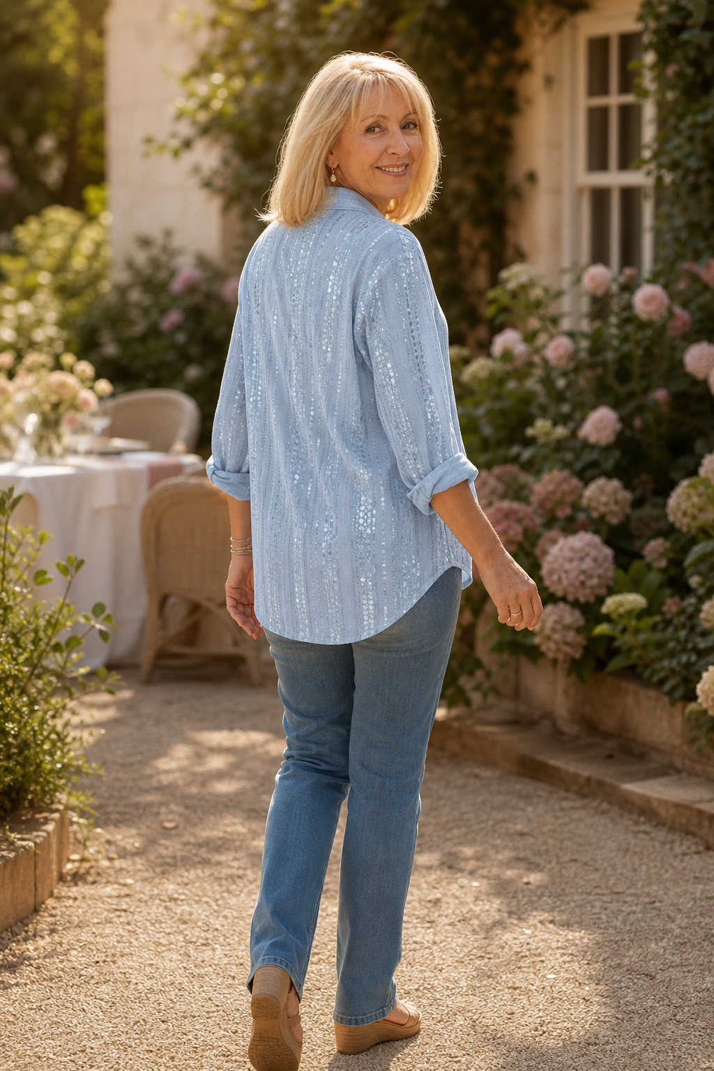 Luxelia – Sequin-Stripe Long Sleeve Button