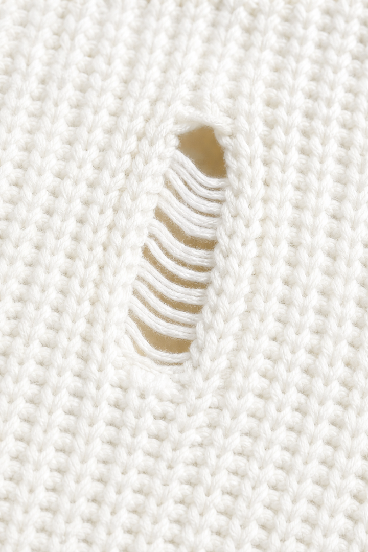 Wrenfield – Distressed Ribbed Knit Oversized Sweater with Ladder Rips, Crewneck Tunic