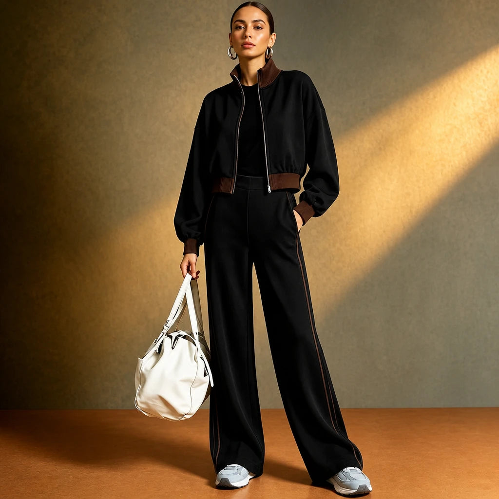 Rally Rib – Cropped Bomber And Striped Wide-Leg Pants Set