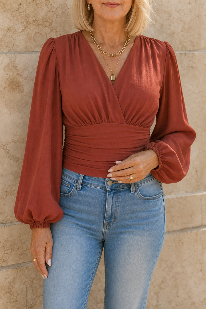 Cinchelle – Ruched Waist Puff Sleeve Chiffon Look Blouse