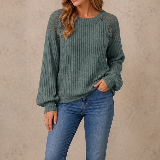 Lumaelle – Lace-Shoulder Ribbed Long-Sleeve Top