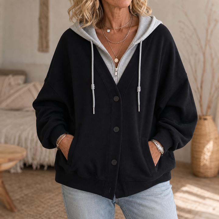 Layerelle – Color-Block Faux-Layer V-Neck Hoodie