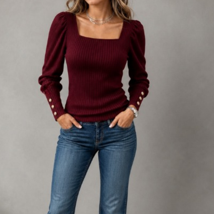 Square - Neck Puff-Sleeve Fitted Knit Top With Gold Cuff Buttons