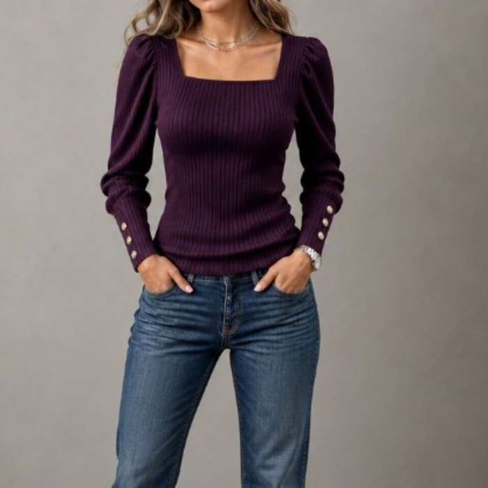 Square - Neck Puff-Sleeve Fitted Knit Top With Gold Cuff Buttons