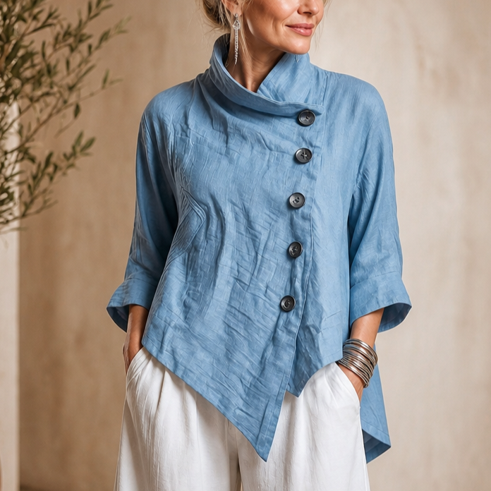 Linvella – Diagonal Button-Front High-Low Top