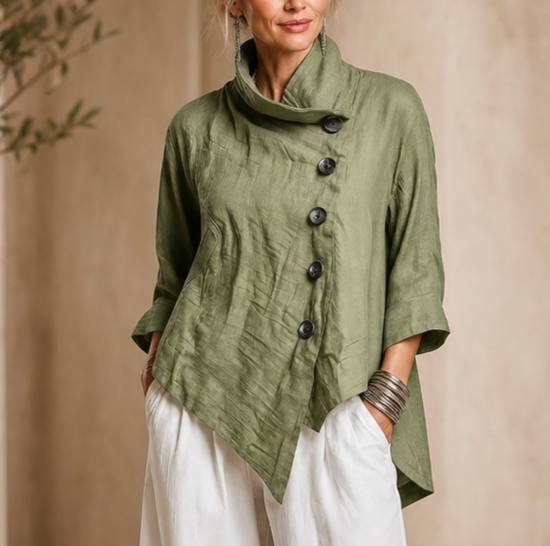 Linvella – Diagonal Button-Front High-Low Top
