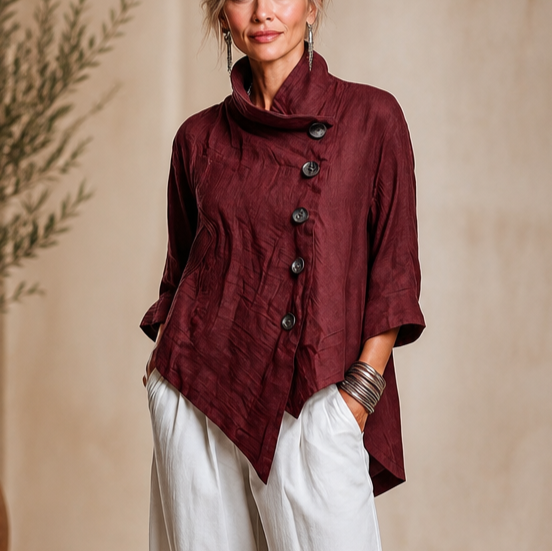 Linvella – Diagonal Button-Front High-Low Top