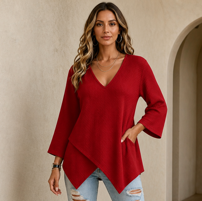 Drapella – Asymmetric Crossover Hem Waffle Knit Top