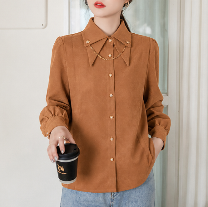 Corduvia – Studded Collar Corduroy-Look Shirt With Detachable Chain
