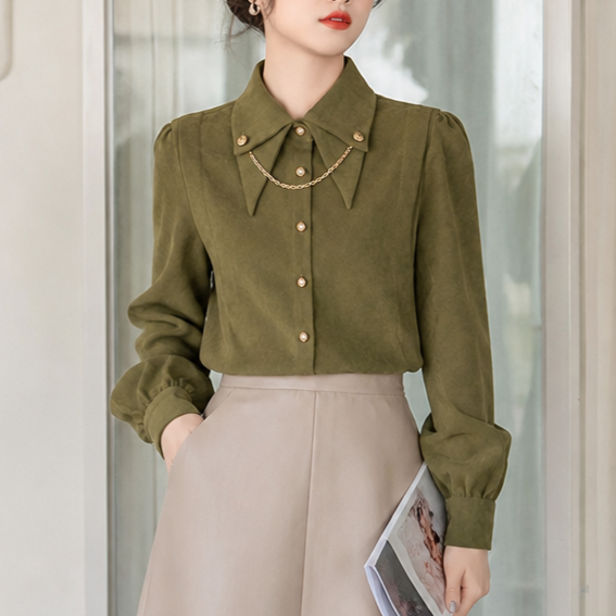 Corduvia – Studded Collar Corduroy-Look Shirt With Detachable Chain