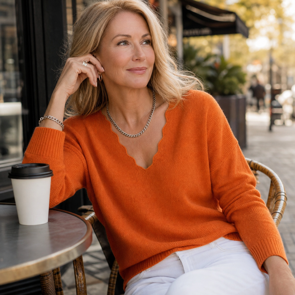Wavelyn – Scalloped Edge V-Neck Knit Sweater