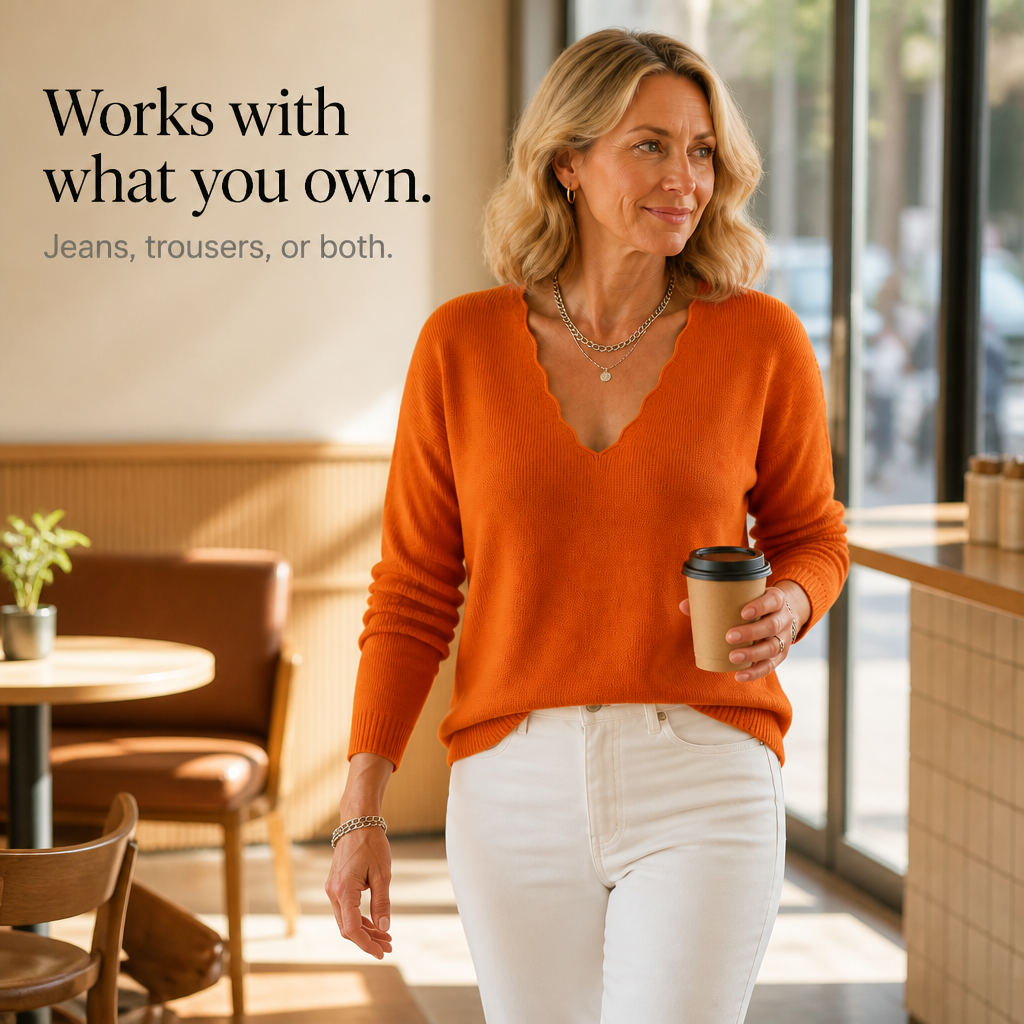 Wavelyn – Scalloped Edge V-Neck Knit Sweater