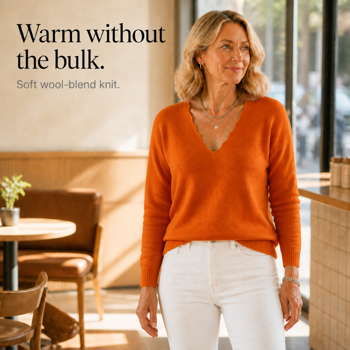 Wavelyn – Scalloped Edge V-Neck Knit Sweater