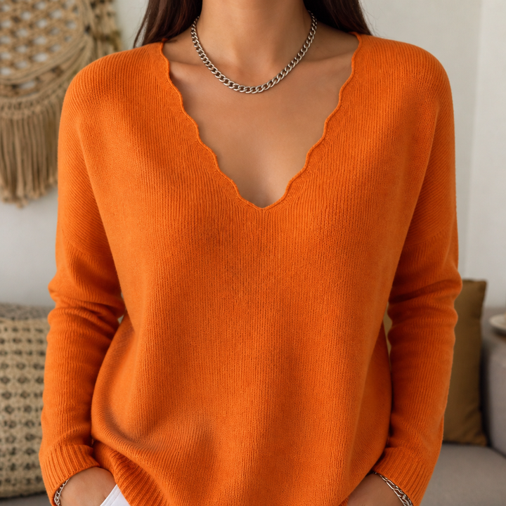 Wavelyn – Scalloped Edge V-Neck Knit Sweater