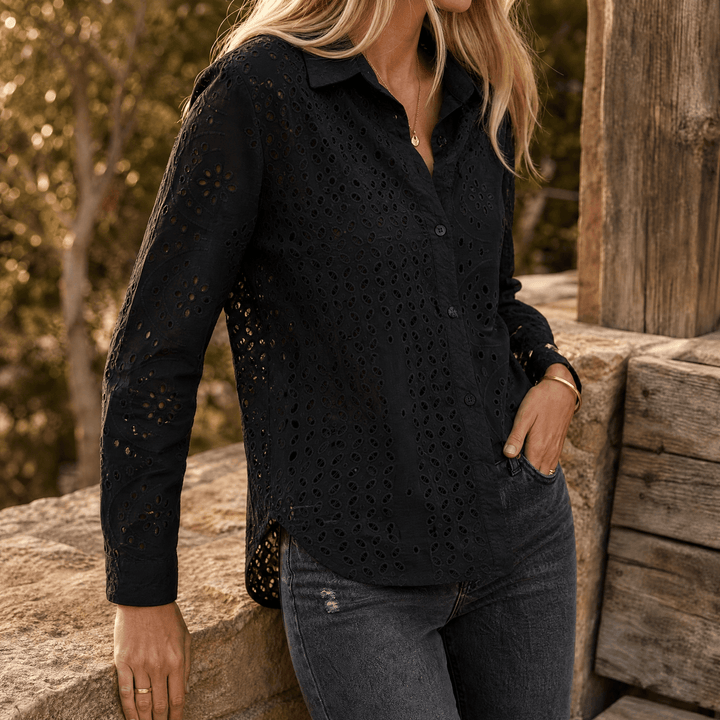 Florelle – Embroidered Eyelet Button Blouse Black / S