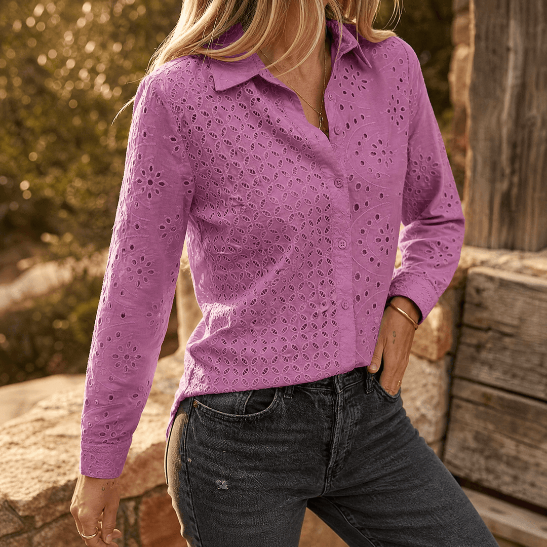 Florelle – Embroidered Eyelet Button Blouse Purple / S