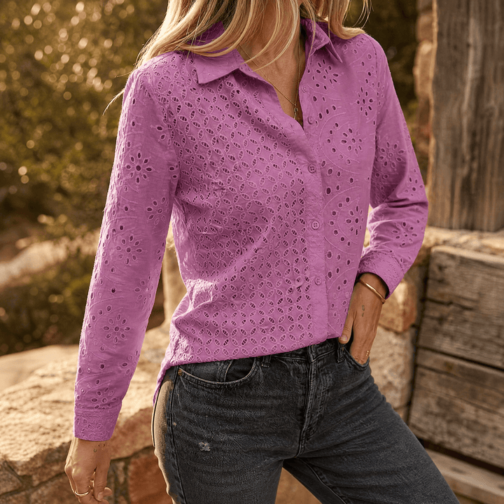 Florelle – Embroidered Eyelet Button Blouse Purple / S