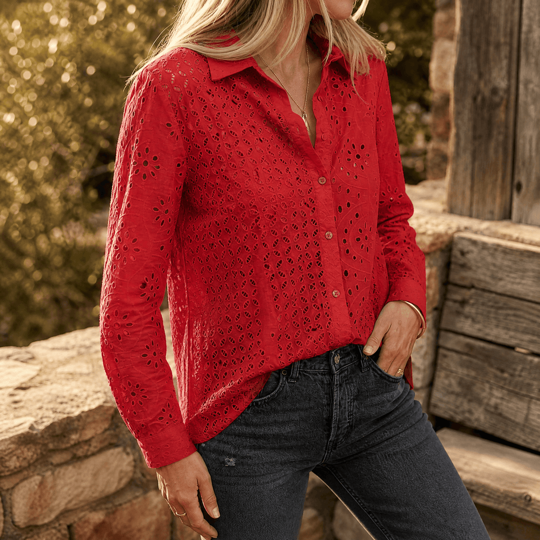Florelle – Embroidered Eyelet Button Blouse Red / S