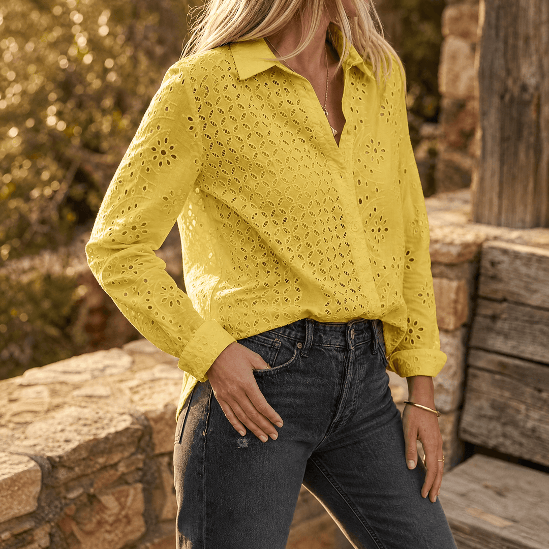 Florelle – Embroidered Eyelet Button Blouse Yellow / S