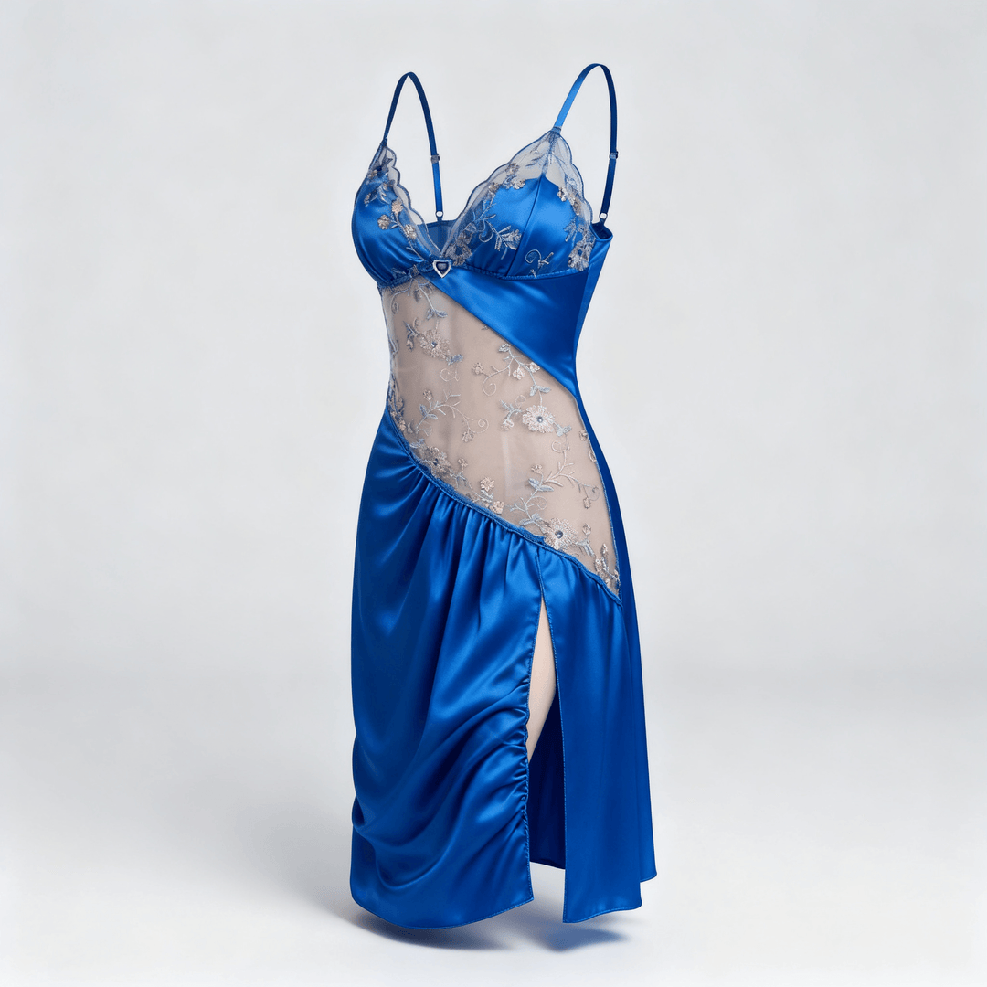 Florelle - Women's floral embroidered mesh nightgown with high slit Blue
