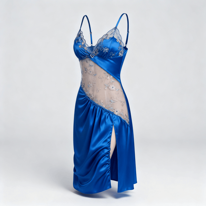 Florelle - Women's floral embroidered mesh nightgown with high slit Blue