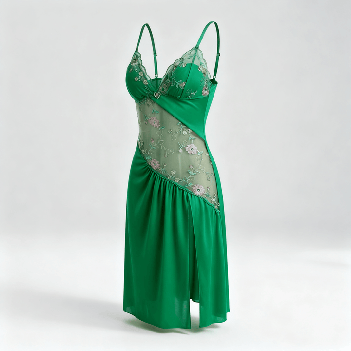Florelle - Women's floral embroidered mesh nightgown with high slit Green