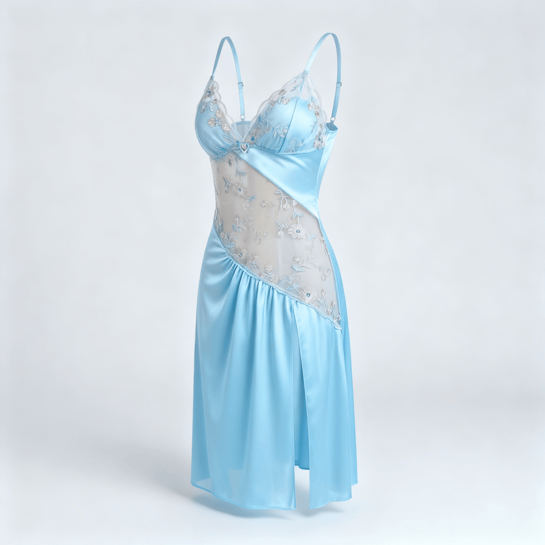 Florelle - Women's floral embroidered mesh nightgown with high slit Light Blue