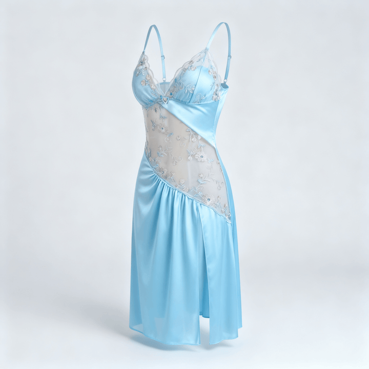 Florelle - Women's floral embroidered mesh nightgown with high slit Light Blue