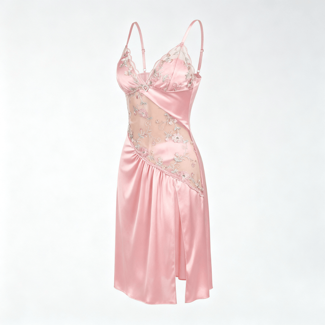 Florelle - Women's floral embroidered mesh nightgown with high slit Pink