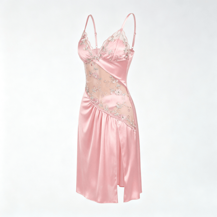 Florelle - Women's floral embroidered mesh nightgown with high slit Pink
