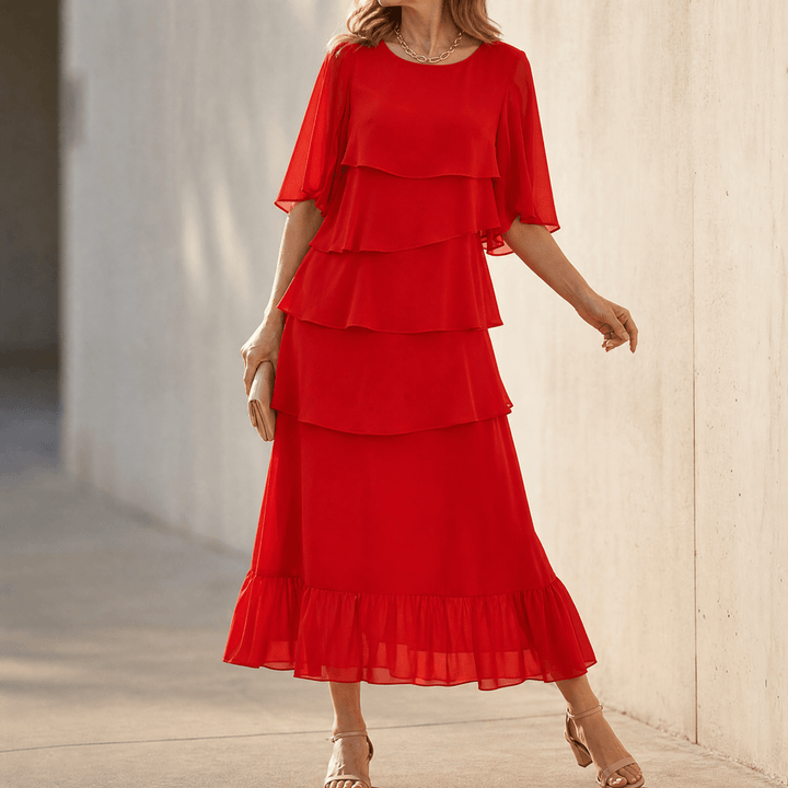 Florelle – Women's Layered Ruffle Midi Dress Red