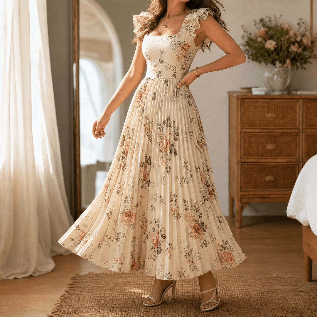 Florelle – Women's Square-Neck Floral Pleated Maxi Dress Beige