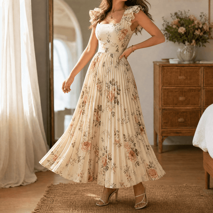 Florelle – Women's Square-Neck Floral Pleated Maxi Dress Beige
