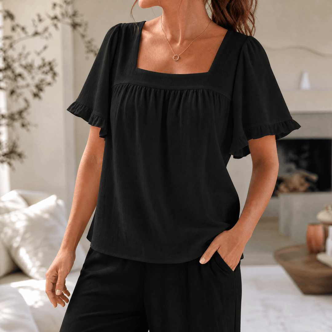 Florelle – Women's Square Neck Flutter Sleeve Blouse Black / S
