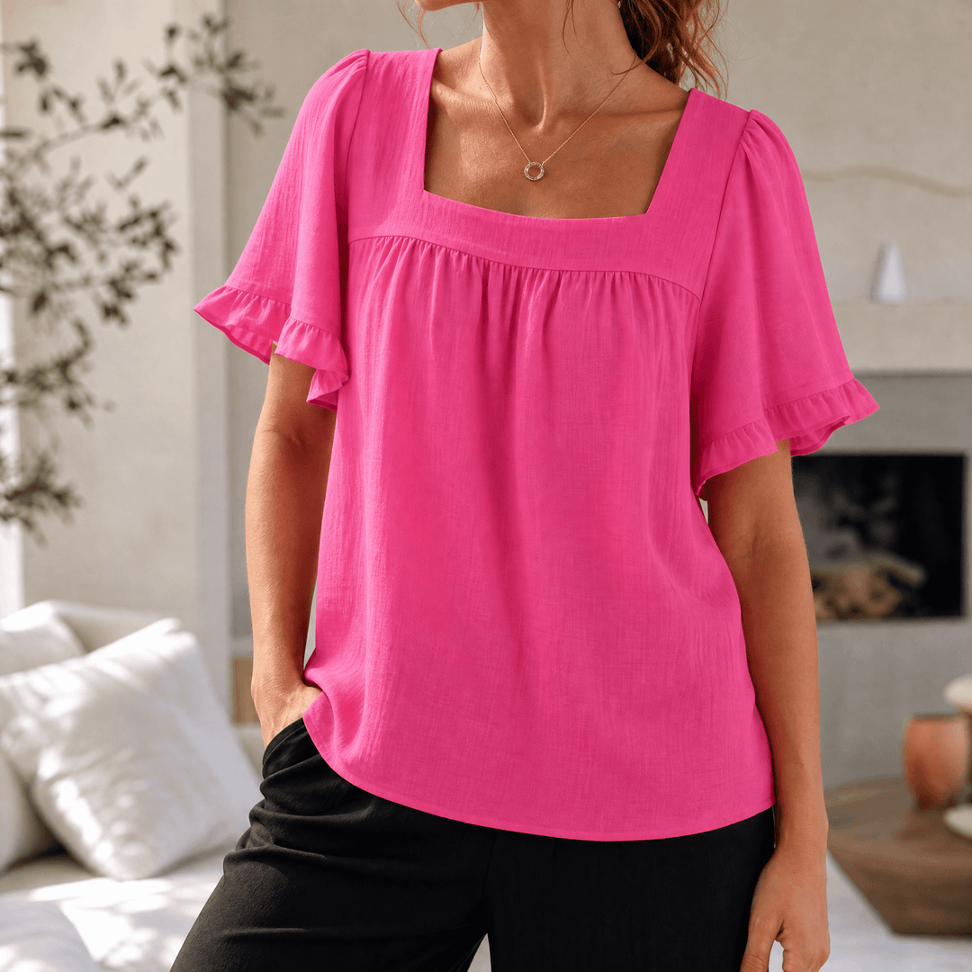 Florelle – Women's Square Neck Flutter Sleeve Blouse Hot Pink / S