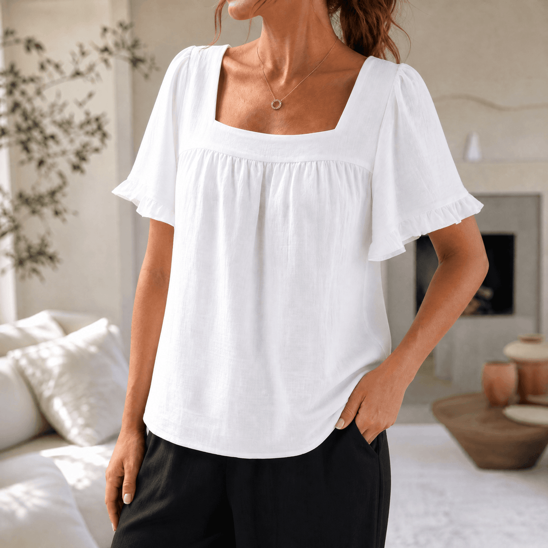 Florelle – Women's Square Neck Flutter Sleeve Blouse White / S