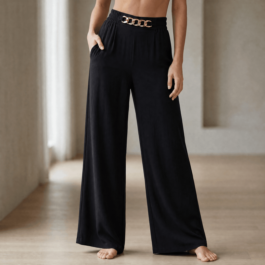 Florena – High Waist Wide Leg Trousers with Chain Accent Black