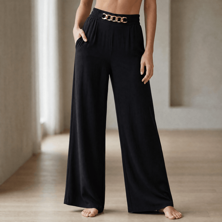 Florena – High Waist Wide Leg Trousers with Chain Accent Black