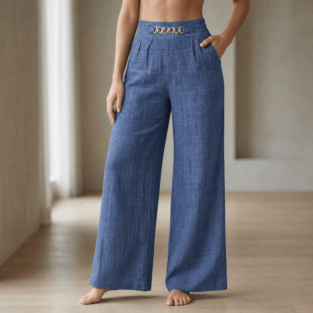 Florena – High Waist Wide Leg Trousers with Chain Accent Blue