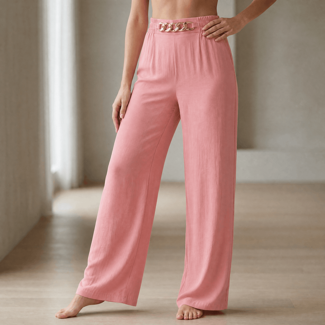 Florena – High Waist Wide Leg Trousers with Chain Accent Pink