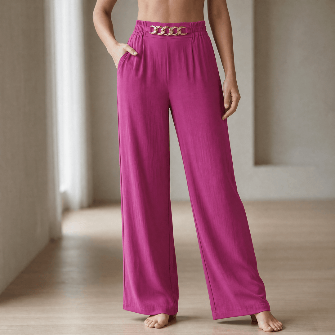 Florena – High Waist Wide Leg Trousers with Chain Accent Rose red