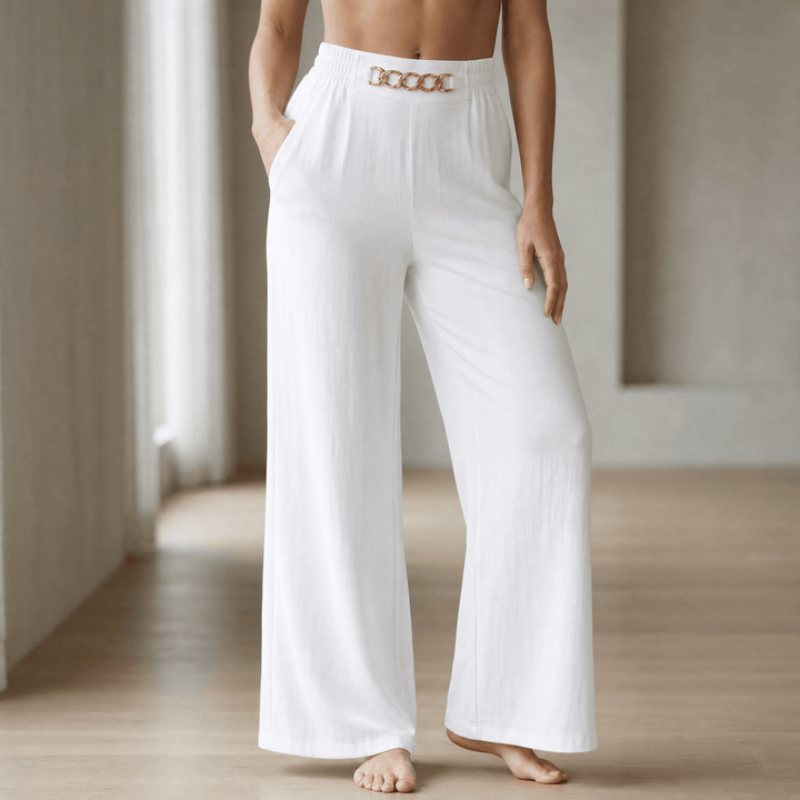 Florena – High Waist Wide Leg Trousers with Chain Accent White