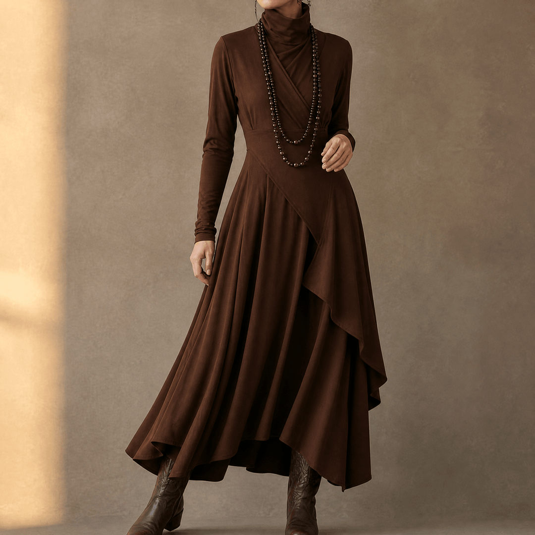 Florenne – Asymmetrical Draped High Neck Maxi Dress Brown