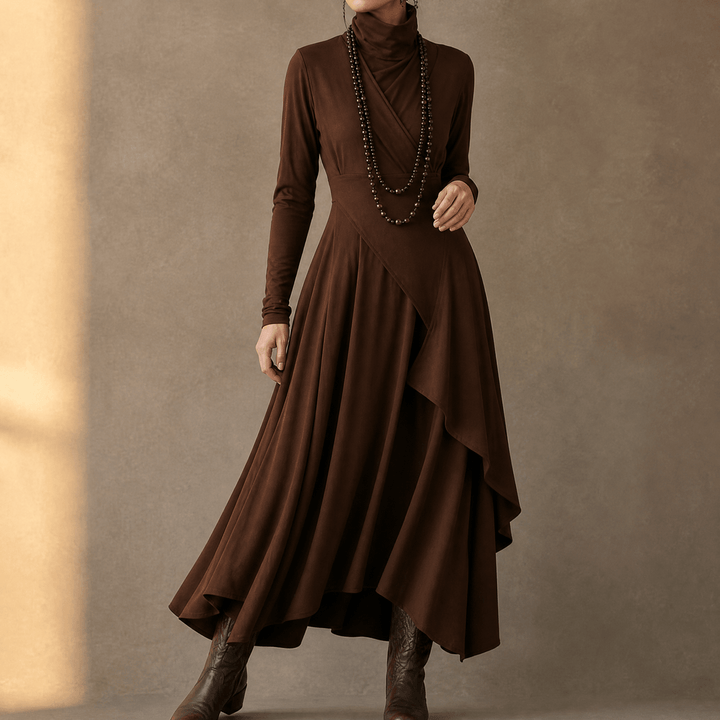 Florenne – Asymmetrical Draped High Neck Maxi Dress Brown