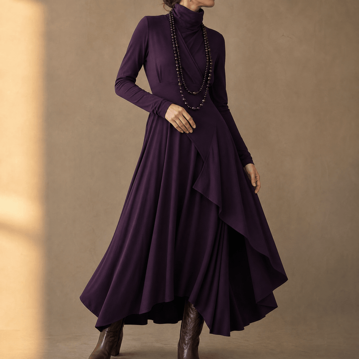 Florenne – Asymmetrical Draped High Neck Maxi Dress Purple