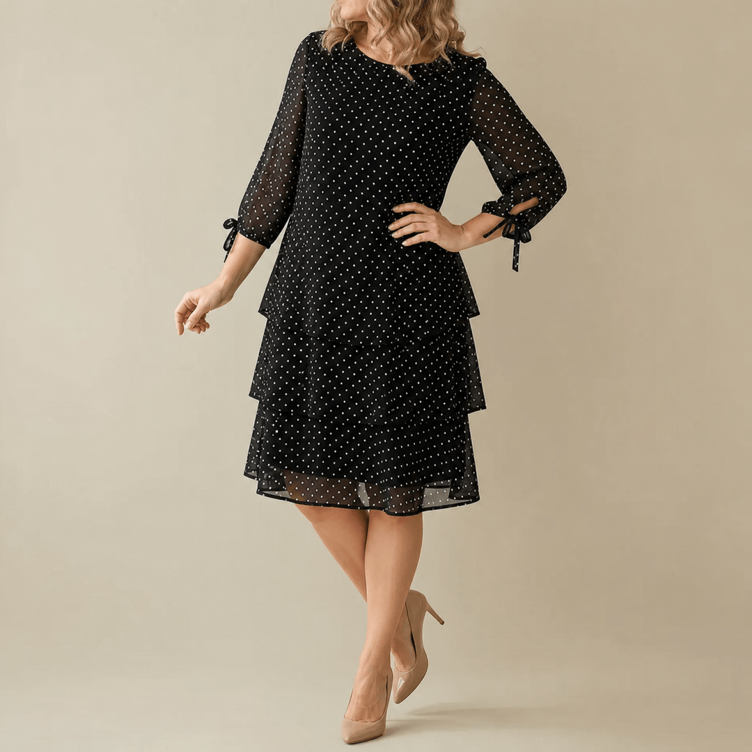 Florenne - Layered Chiffon Polka Dot Dress Black