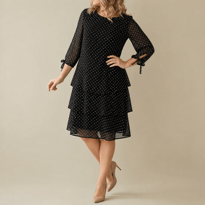 Florenne - Layered Chiffon Polka Dot Dress Black