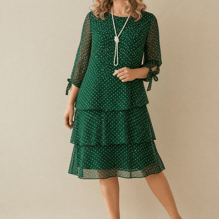 Florenne - Layered Chiffon Polka Dot Dress Green
